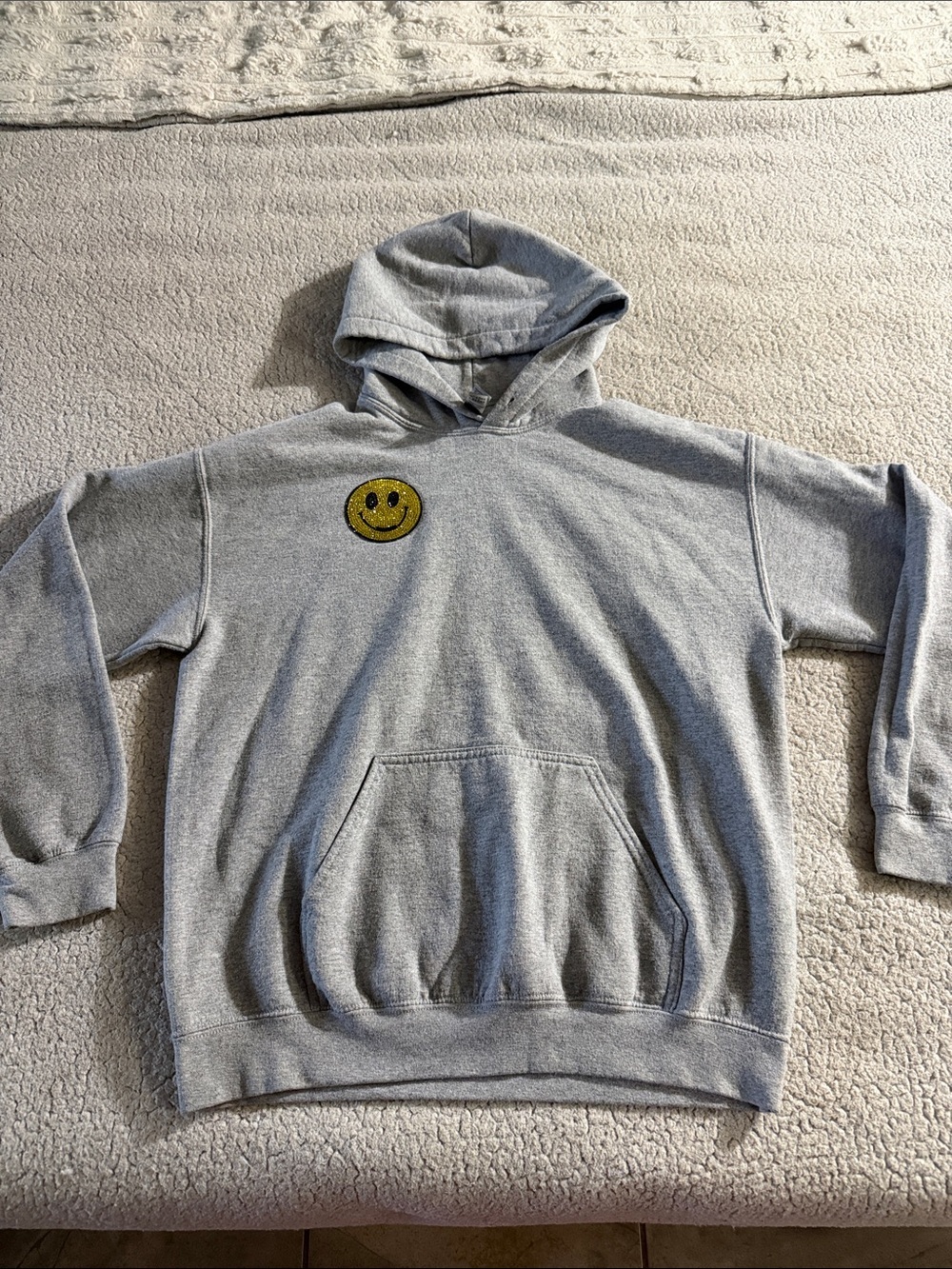 Gildan Light Gray Hoodie with Yellow Rhinestone Smiley Patch Medium